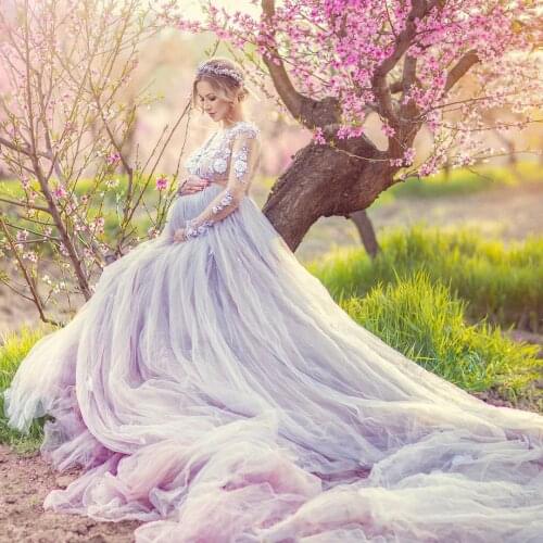 Floral Lace Tulle Maternity Dresses V Neck Sheer Long Sleeves Flowers Puffy Plus Size Pregnancy Photo Shoot Dress
