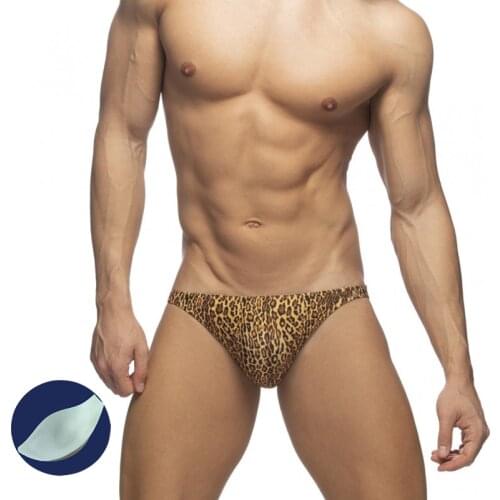 Mens Low Waist Sexy Bikini Bottoms Summer Fashion Leopard Print Solid Color Quick-Drying Swimsuit Swim Shorts With Push Pad