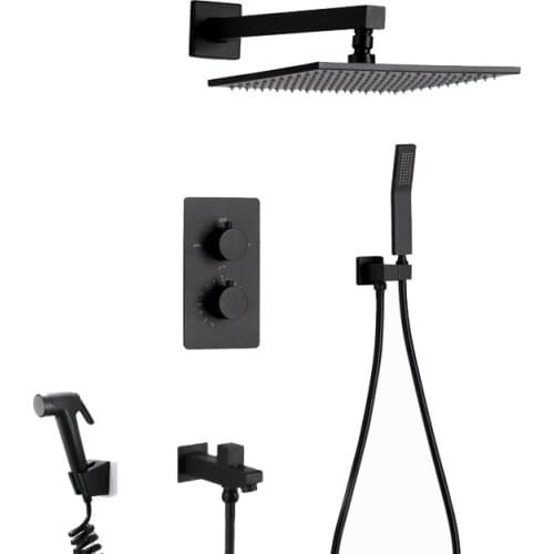 Matte black color stainless steel 10 inch Square Rain Shower Thermostatic Shower mixer valve with spout and bidet sprayer S428