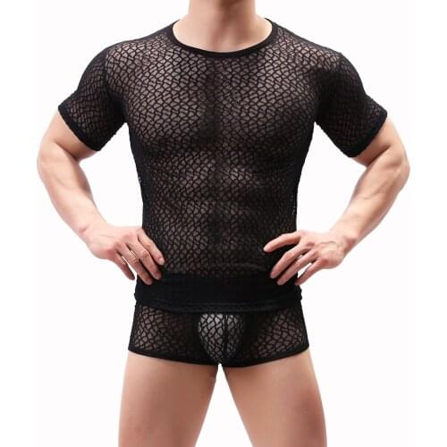 Mens Mesh See-through Fishnet T Shirt Fashion Sexy Short Sleeve Nightclub Wear T-shirt Men Party Perform Streetwear Tops