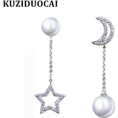 Kuziduocai New Hot ! Fashion Fine Jewelry Asymmetry Rhinestones Star Moon Pearl Tassel Stud Earrings For Women Girls Gifts E-799