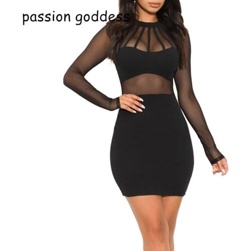 New Women Summer Sexy Mesh Perspective Dress 2020 Ladies Long Sleeve Hollow Out Bodycon Slim Mini Short Party Nightclub Dresses
