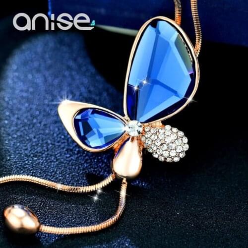Anise Collares Largos Butterfly Pendant Necklaces Sweater Chain Women Blue Gem Crystal Necklace Long Tassel Necklace Adjustable