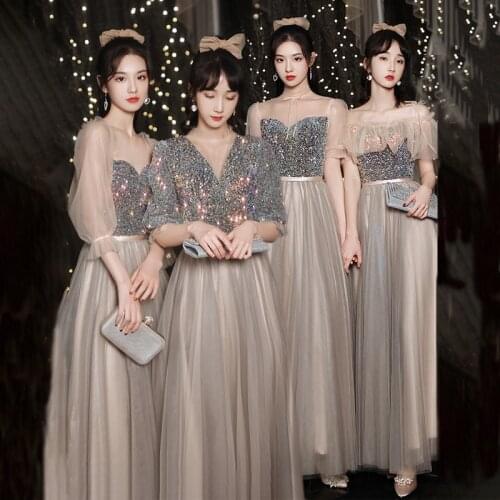 Bridesmaids Dress Illusion Strapless Sequined Luxury Gray Off The Shoulder Lace Tulle Floor-Length Women Wedding Party Gown E341