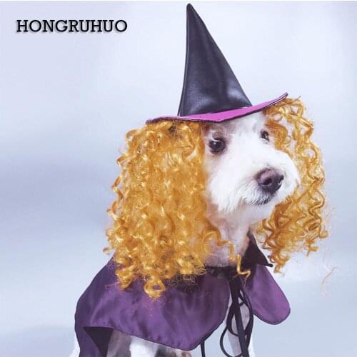 NACOCO Dog Halloween Wizard Hat Cat Cap Pet Costume Cloak with Necromancer Accessories Wig Funny for Dogs Cats