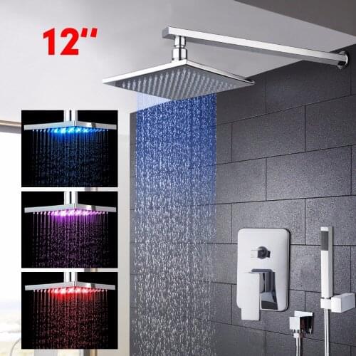 LED 12 inch Bathroom Faucet Chrome With Diverter Shower Heads Hot Cold Water Mixer Excellent Shower Faucet