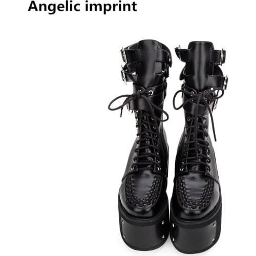 Angelic imprint mori girl Women motorcycle punk boots lady lolita shoes woman princess high heels dress pumps buckles rivet 10cm