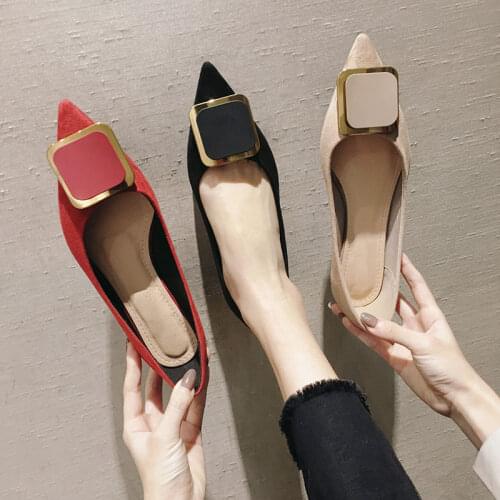 Pointed Toe Shoes Women 2021 Autumn Fall New Square Buckle All-match Shallow Mouth Soft Bottom Black Flat Shoes Scoop Shoes 46