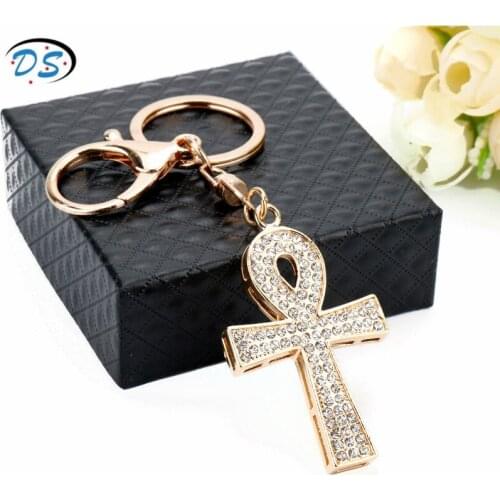 Egyptology Ancient Cross Keychain Rhinestones Keyrings Women Hangbags Purse Key Holder Delicate Jewelry Key Buckle