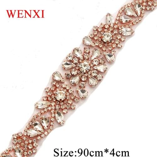 WENXI (30 pcs)Wholesale 90cm Length Handmade Beaded Rhinestones Appliques Rose Gold Crystal For Bridal Dress Sash Accessory