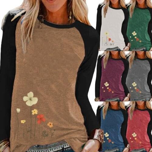 Autumn New Style Womens Casual Long-sleeved Shirt Fashion Flower Printing Round Neck Loose Ladies Plus Size T-shirt Top XS-5XL