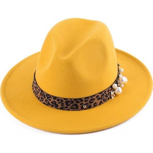 Women Panama Hat Fedoras Vintage Style Wide Brim Felt Trilby Fedora with Pearl Leopard Band Female Autumn Winter Caps 2020 New