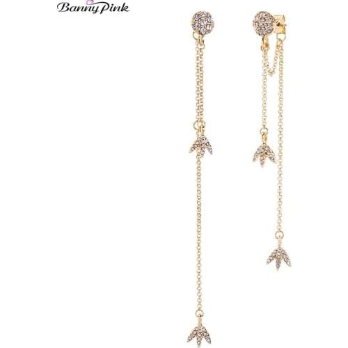 Banny Pink New Korea Metal Chain Tassel Stud Earrings For Women Asymmetric Long Pendant Earrings Shiny Geometric Charms Earrings
