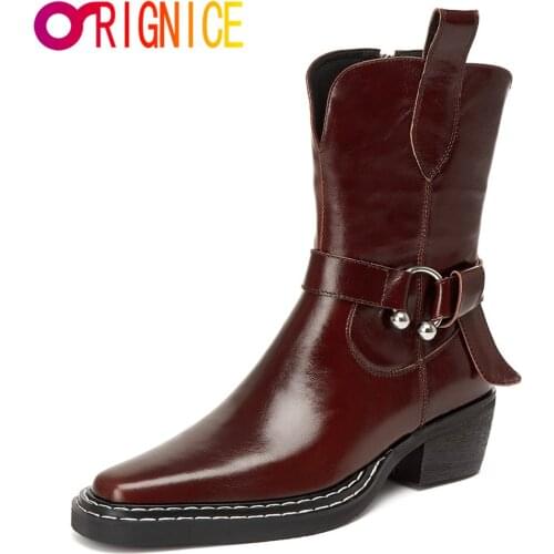 Orignice Classic Style Women Retro Western Cow Leather Ankle Boots Chunky Heels Fashion Square Toe Zipper Office Ladies Shoes