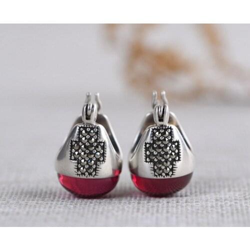 FNJ Cross Earrings 925 Silver Original Pure S925 Sterling Silver Stud Earring Women Jewelry Vintage Red Cubic Zircon