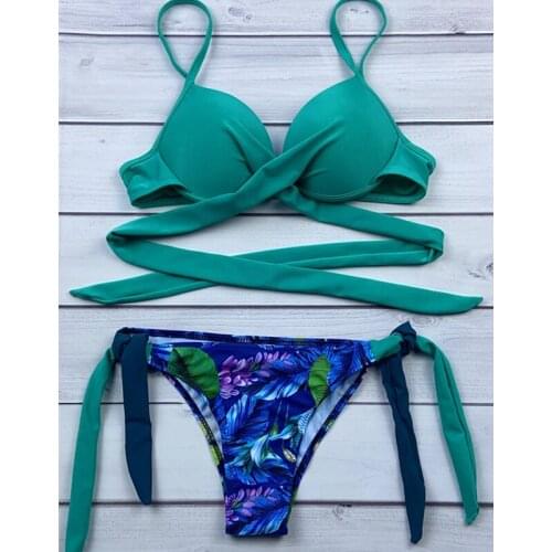2Pcs Womens Summer Swimsuit Set Sexy Cross Tie Up Bikini Tops + Floral Bottom Bathing Suit Set Woman Swimming Suits
