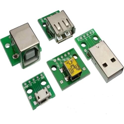 5Pcs USB Adapter PCB - DIY DIP Breadboard Modules - Type A (M / F) / B / Mini / Micro USB Connectors