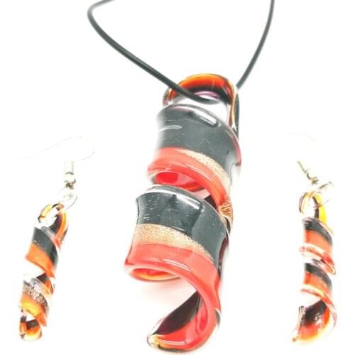 Free Shipping Wholesale 3Sets Red Swirl Lampwork Glass Pendant Necklace Earrings Set, Fashion Jewelry SetS