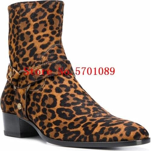 Man Wyatt Harness Boots Horsehair Leopard Print Genuine Leather Chelsea Boots Leopard Buckle Strap London Paris Ankle Boots Shoe