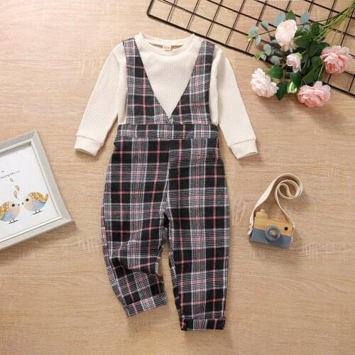 Emmababy 2Pcs V-Neck Suspenders Pants for Girl Toddler Outfit Solid Color Long Sleeve T-Shirt Plaid 18 Months to 6 Years