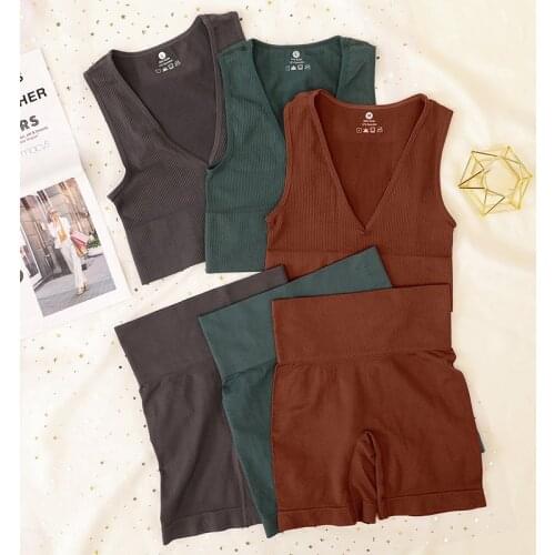 Sport Ribbed Deep V Bra Set Women Underwear High Waist Shorts Female Sexy Lingerie Set Fitness Seamless Bralette Top Sportwear