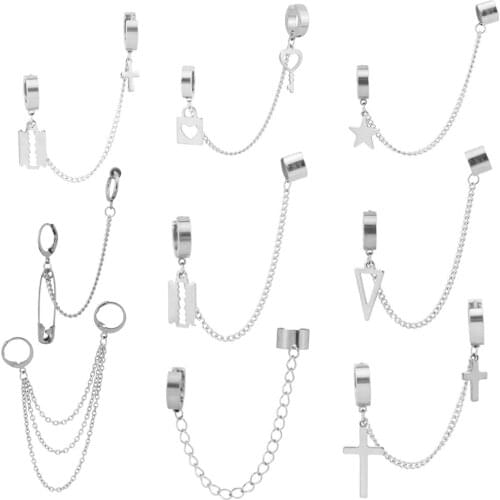 1 Piece Fashion Stainless Steel Ear Chain Key Lock Blade Cross Star Pendant Men Women Earring