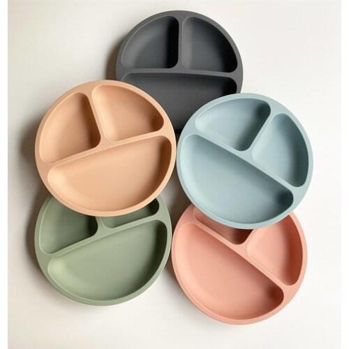 Baby Silicone Suction Plate Smile Face Natural Color Kids Toddlers Eating Bowl Tableware Round Food Divided BPA Free