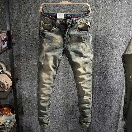 European Vintage Fashion Men Jeans Retro Yellow Washed Elastic Slim Fit Ripped Jeans Men Distressed Designer Casual Denim Pants