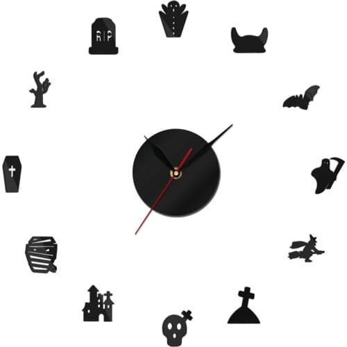 Halloween DIY Large Wall Clock Modern Design Grave Devil Frameless Icon Wall Watch Home Art 3D Big Ghost Mirror StickerClock