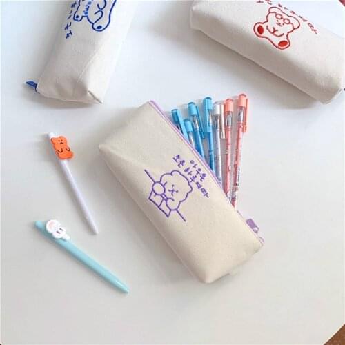 Adorable Bear Canvas Embroidery Pencil Case Kawaii Pencil Bag Funny Cartoon Students School Supplies Cute Stationery Wholesale