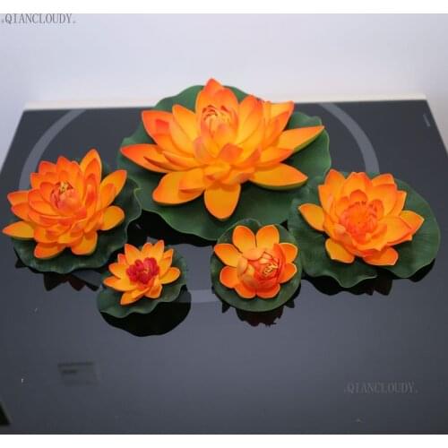 Orange Artificial fake Simulation Lotus Leaves flowers Heads Water pond Garden home Lily Floating Fish Tank Pond Wedding D24