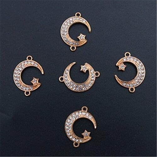WKOUD 6pcs kc gold handmade rhinestones curved moon charm alloy connector fashion bracelet necklace DIY metal jewelry makings