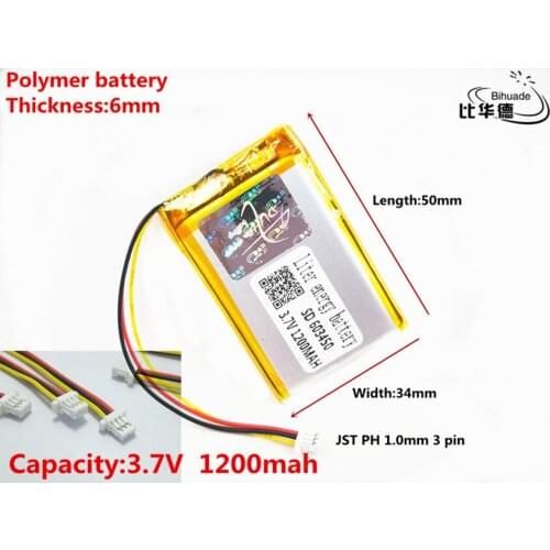 JST PH 1.0mm 3 pin Good Qulity 3.7V,1200mAH 603450 Polymer lithium ion / Li-ion battery for tablet pc BANK,GPS,mp3,mp4