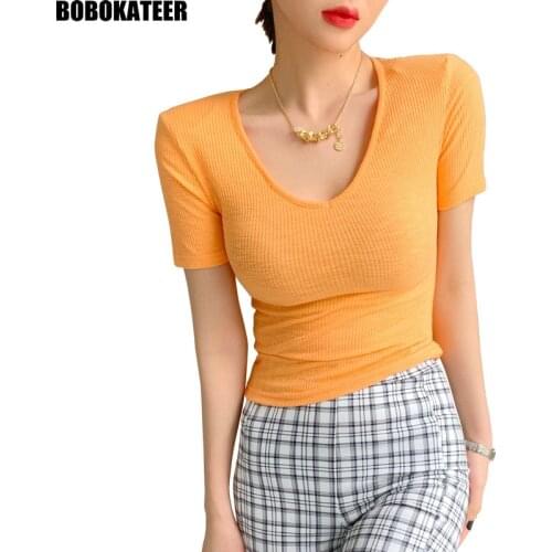 Crop Tops Tshirt Women Clothing Elastic Slim Summer Female T-shirt Short Sleeve Korean Sexy V Neck Short Tee Shirt Orange 2021