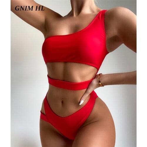 GNIM One Shoulder Swimwear Women Sexy Hollow Out Solid Swimsuit Female One-Piece Beachwear High Waist Brazilian Biquini Set 2021