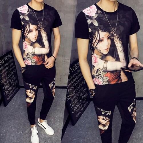 2020 Spring Summer Tracksuit Men Sets Fashion Printed Short-sleeved T Shirts + Pant Casual Street Sportswear Two-piece Suit