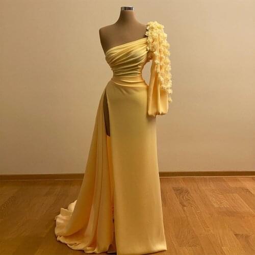 2020 Charming Party Dress Long Sleeves One Shoulder 3D Flowers High Side Split Dresses