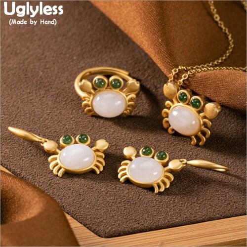 Uglyless Cancer Gifts 100% Real Natural Gemstones Jewelry Sets for Women Lovely Crabs Earrings Necklaces Rings Pearls 925 Silver