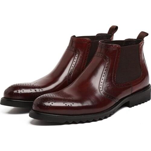 Work Chelsea Boots for Men Ankle Boot Slip On Style Genuine Leather High Top Brogue Carving Elastic Strap Fashion Wingtip Round