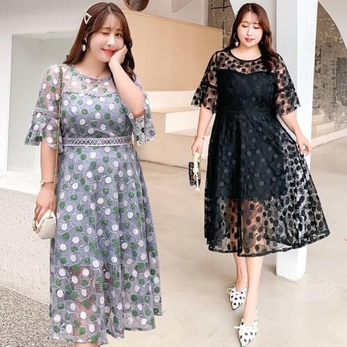 Sunmmer Lace Fat MM A-Line Mid-Length Flare Sleeve Women Dress Printed Loose Elegant Black Dress High Quality Blue Dress