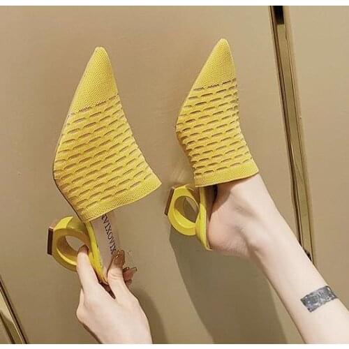 LazySeal 7cm Fretwork Heels Pointed Toe Slippers Women Shoes Stretch Fabric Air Mesh Mules Flip Flop Slip On Slides Plus Size 43