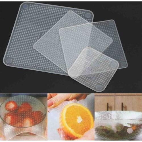 Silicone 4pcs Reusable Clear Stretch Fresh Food Wraps Seal Cover Kitchen Accessories Tool