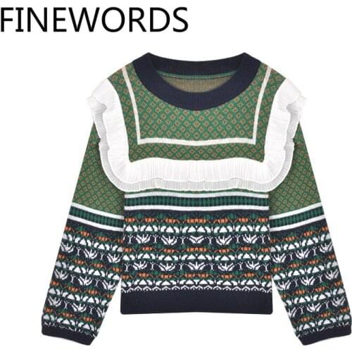 FINEWORDS Vintage Green Geometric Winter Knitted Women Sweater Korean Ruffles Knit Pullovers Streetwear Casual Harajuku Sweaters