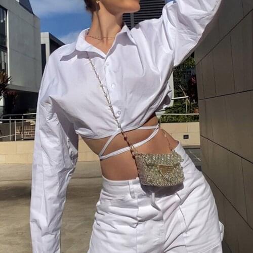 2021 Fashion Bandage Women White Shirt Lady Long Sleeve Turn-Down Collar Solid Short Blouse Elegant Casual Crop Top Streetwear