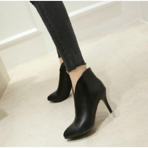 Women boots Autumn And Winter Fashion Pointed High heels Modern Boots Thin Heels zipper sexy Ankle Boots plus size 32-54 black
