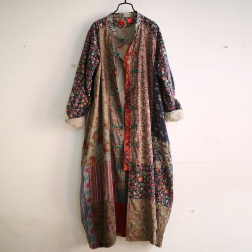 Women Spring Autumn Patchwork Long Coat Trench outwear Ladies Loose Stand Collar Vintage Retro Overcoat 2019