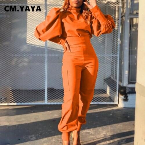 CM.YAYA Women Solid Two 2 Piece Set Streetwear Fashion Pull Sleeve Tops and Jogger Pants Matching Set Basic Outfits Tracksuit