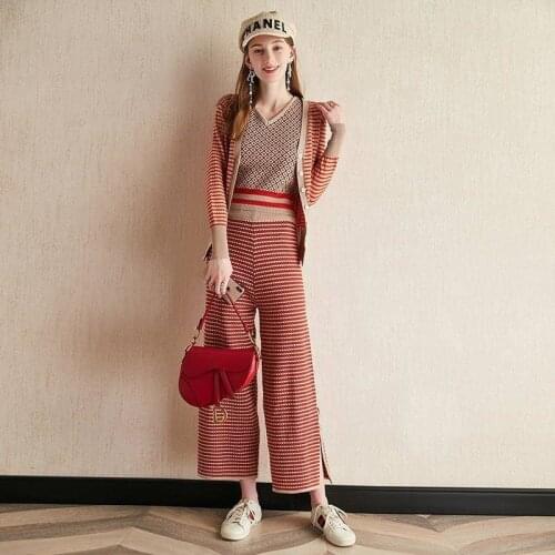 Women Knitted Striped Cardigan+Tank+High Waist Pants 3 Pieces Clothing Set 2020 Autumn Winter 3pcs Knit Suits