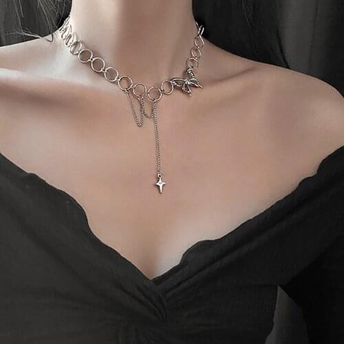 Huge Bud Chain Butterfly Pendant Choker Trendy Silver Color Necklace Women Statement Collares Bohemia Beach Jewelry Gift Collier