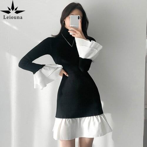 Leiouna 2021 Fashion Women Patchwork Butterfly Sleeve Dress Spring And Autumn New Office Lady Turtleneck Mini Bodycon Dresses